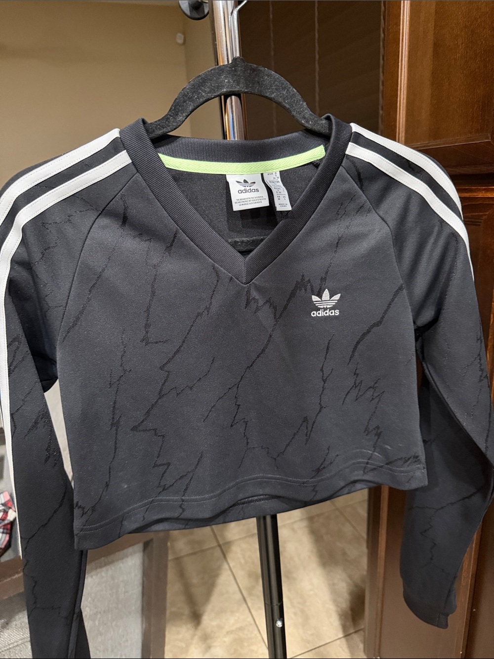 adidas Black Cropped V-Neck Sweatshirt with White Stripes